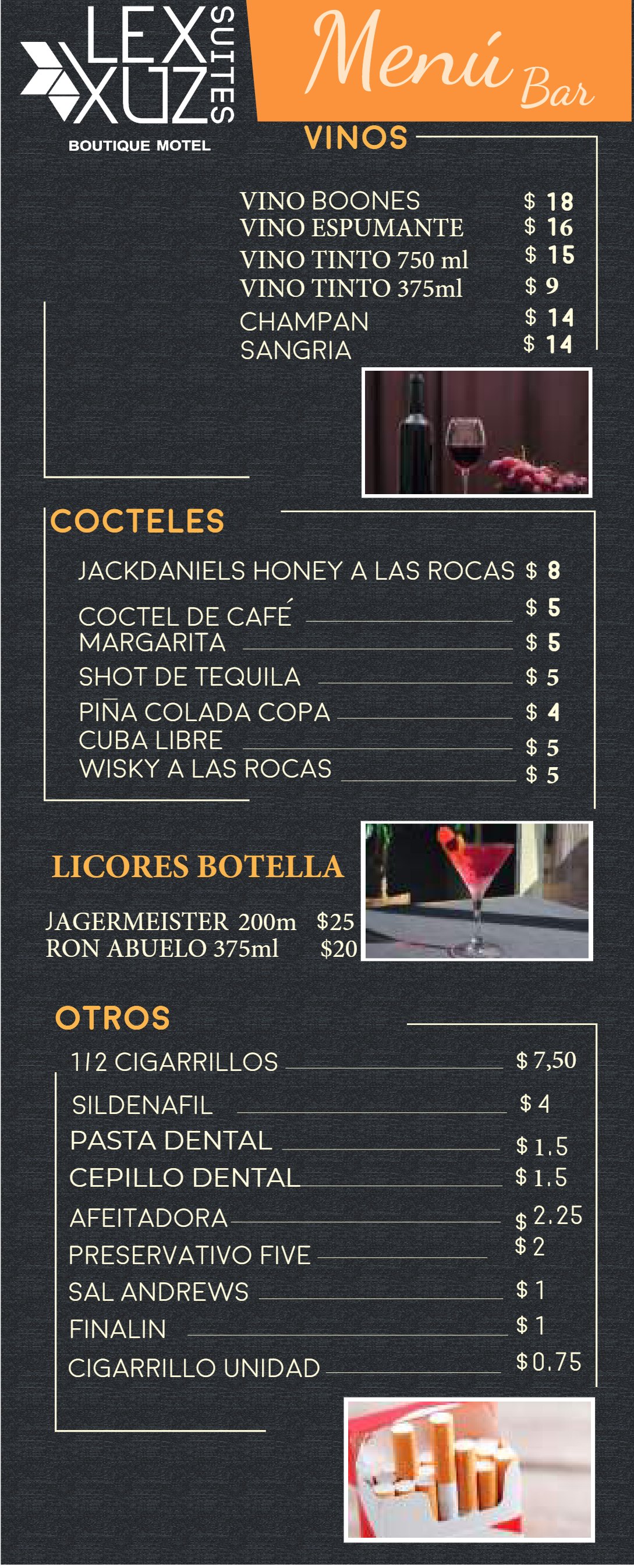 Menú Lexxuz — Cócteles y vinos
